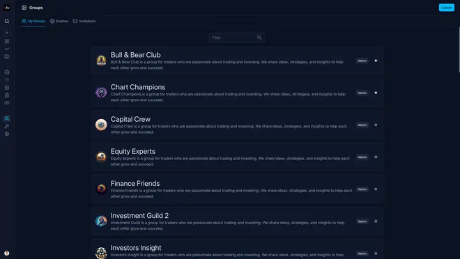 Screenshot of an online trading journal app named 'Trading Vault' showing the trading groups feature.