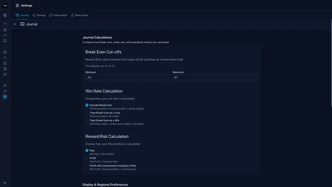 Screenshot of an online trading journal app named 'Trading Vault' showing the settings feature.